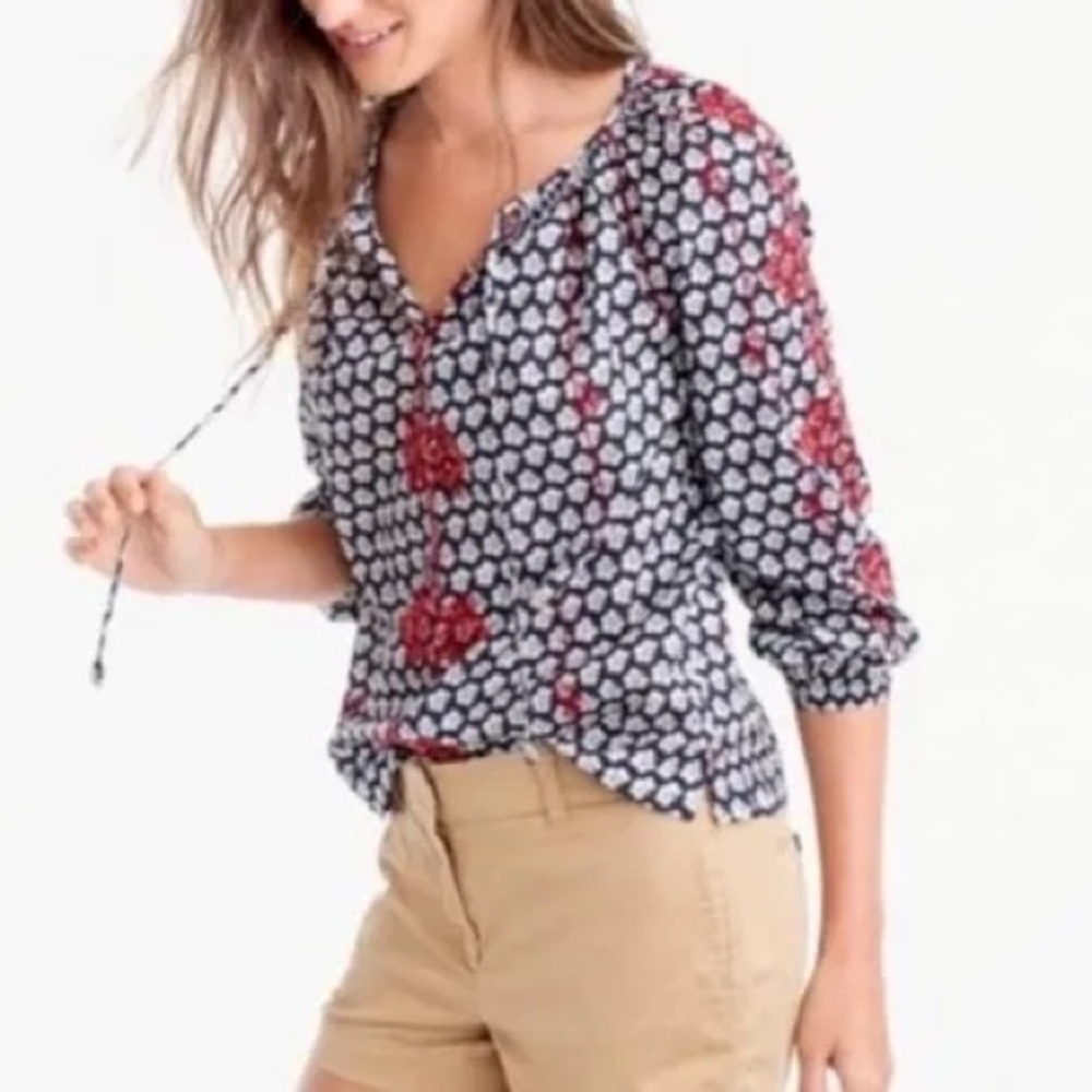 J. Crew Red and Blue Floral Blouse with Beautiful Stitchings Oversized 00.